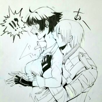 !? 1boy 1girl ankomochi biting black_gloves blush closed_eyes dante_(devil_may_cry) devil_may_cry devil_may_cry_(series) devil_may_cry_3 fingerless_gloves from_side gloves groping lady_(devil_may_cry) neck_biting open_mouth shirt simple_background