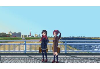 2girls animal animated animated_gif bag black_cat black_hair blue_sky brown_shoes building buttons cat city double-breasted grey_skirt hand_in_pocket jacket kneehighs kuuchuu_roukaku lake laughing leggings letterboxed looping_animation multiple_girls original outdoors pixel_art pleated_skirt ponytail purple_hair railing red_scarf scarf school_bag shadow shoes skirt sky smile socks standing water