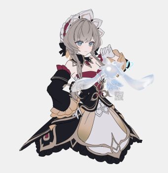 1girl 1other absurdres black_sleeves blue_eyes brown_hair creature detached_collar detached_sleeves dress genshin_impact gloves headdress highres kuuhenki_(genshin_impact) long_hair merry-san qr_code sandrone_(genshin_impact) short_hair_with_long_locks white_gloves white_headdress