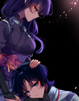 Rule 34 | 1boy, 1girl, alternate costume, black background, blue eyes, blunt bangs, bridal gauntlets, closed mouth, commentary, english commentary, eyeliner, falling petals, genshin impact, hair over shoulder, hand on another's head, highres, japanese clothes, kimono, lap pillow, light blush, looking at viewer, looking to the side, makeup, mole, mole under eye, mother and son, multicolored hair, neck ribbon, open mouth, petals, pink lips, purple eyes, purple hair, purple kimono, raiden shogun, red eyeliner, red ribbon, red sash, ribbon, sash, scaramouche (genshin impact), scaramouche (kabukimono) (genshin impact), short hair, streaked hair, zenoo0018