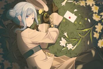 Rule 34 | 1girl, absurdres, black gloves, black necktie, black skirt, blue eyes, blue hair, brown hat, brown jacket, brown skirt, buttons, clover, commentary request, double-breasted, envelope, fedora, flower, from above, gloves, hair bun, hat, highres, hinomori shizuku, holding, holding flower, jacket, layered skirt, lily (flower), long sleeves, looking at viewer, looking up, lying, necktie, official alternate costume, official alternate hairstyle, on grass, on side, parted lips, petals, project sekai, rose, short hair, single hair bun, skirt, smile, solo, sono te michibiku nukumori wa (project sekai), sora (men0105), unworn hat, unworn headwear, yellow flower, yellow rose