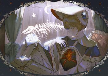 1girl backlighting bed blonde_hair blue_eyes border curtains doll_joints double-parted_bangs dress exposed_heart feet_out_of_frame fish fish_skeleton half-closed_eyes hand_up hat heart_(organ) highres hole_in_chest hole_on_body joints knee_up looking_at_viewer mei_mezu original ornate_border pillow qinghua_(porcelain) sitting skeleton