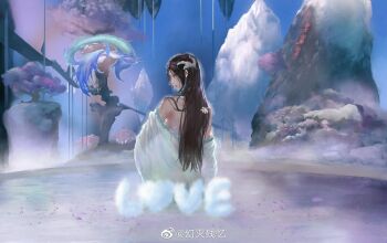 1girl back bird black_hair breasts cloud doupo_cangqiong floating_island from_behind highres long_hair looking_down mo_qing_ll mountain onsen second-party_source smoke tree undressing upper_body writing yun_yun_(doupo_cangqiong)
