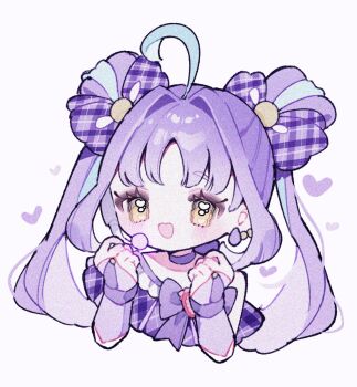 1girl :d ahoge blue_hair blush bow bow_choker candy choker commentary cropped_torso cure_kyunkyun earrings food heart highres holding holding_candy holding_food holding_lollipop jewelry kimi_to_idol_precure lollipop long_hair looking_at_viewer multicolored_hair open_mouth parted_bangs precure purple_choker purple_hair purple_shirt shigure_kokoro shirt simple_background smile solo streaked_hair twintails two-tone_hair upa_papa_co white_background yellow_eyes