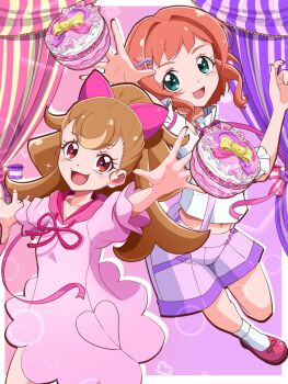 2girls :d aqua_eyes arm_up bare_shoulders bechamel blush bobby_socks border bow brown_hair buttons clothing_cutout collarbone commentary cowboy_shot cropped_shirt curtains drawstring dress fingernails frilled_shirt frilled_sleeves frills full_body glint gradient_background hair_bow hair_intakes hair_ornament hairclip heart heart_hair_ornament heart_pockets highres hood hood_down hooded_dress inukai_iroha inukai_komugi leg_up long_hair looking_at_viewer looking_up midriff multiple_girls navel neck_ribbon open_mouth orange_hair outside_border pink_background pink_bow pink_dress pink_ribbon pink_shoes ponytail precure puffy_short_sleeves puffy_sleeves purple_background purple_shorts reaching red_eyes ribbon shirt shoes short_dress short_hair_with_long_locks short_sleeves shorts shoulder_cutout smile socks spread_fingers suspender_shorts suspenders two-tone_background white_shirt white_socks wonderful_pact wonderful_precure!