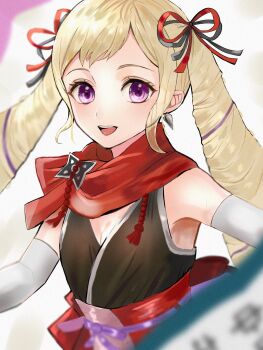 1girl :d blonde_hair drill_hair earrings elise_(fire_emblem) elise_(ninja)_(fire_emblem) enndoumame0125 fire_emblem fire_emblem_fates fire_emblem_heroes highres jewelry kunai_earrings long_hair looking_at_viewer multicolored_hair ninja nintendo official_alternate_costume open_mouth purple_eyes purple_hair red_scarf scarf scroll smile solo teeth twin_drills two-tone_hair upper_body upper_teeth_only