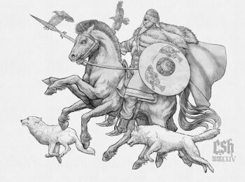 1boy absurdres animal armor bird cape christian_sloan_hall crow flying freki_(mythology) geri_(mythology) highres holding holding_polearm holding_weapon horse horseback_riding huginn_(mythology) muninn_(mythology) norse_mythology odin_(mythology) pelt polearm riding shield sleipnir_(mythology) solo spear viking weapon wolf