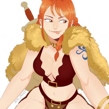 1girl bangle belt belt_buckle bracelet braid breasts brown_loincloth buckle capelet cleavage closed_mouth commentary crop_top earrings fur_capelet gold_bangle gold_choker highres jewelry large_breasts lips loincloth long_hair looking_to_the_side midriff nami_(one_piece) naughty_face navel official_alternate_costume official_alternate_hairstyle one_piece orange_eyes orange_hair pe_draws pearl_earrings pink_lips shoulder_tattoo sidelocks sideways_glance single_braided_sidelock smile solo sword sword_on_back tattoo thighs tongue tongue_out twitter_username weapon weapon_on_back white_background yellow_capelet