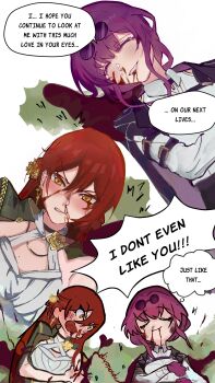 Rule 34 | 2girls, absurdres, blood, blood on arm, blood on clothes, blood on face, blood on ground, blood on hands, bloody tears, dress, eyewear on head, gloves, hair between eyes, hashtag-only commentary, high-waist shorts, highres, himeko (honkai: star rail), honkai: star rail, honkai (series), injury, jacket, jirenchii, kafka (honkai: star rail), long hair, multiple girls, nosebleed, purple-tinted eyewear, purple gloves, purple hair, red hair, round eyewear, shorts, spider web print, sunglasses, tied jacket, tinted eyewear, white dress, yellow eyes