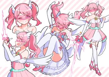 >_< 1girl bang_dream! bare_shoulders blush breasts closed_eyes closed_mouth collarbone commentary cosplay cropped_torso detached_sleeves dress elbow_gloves energy_sword frills gloves head_wings high_heels holding holding_microphone lightsaber long_hair looking_at_viewer magical_girl maruyama_aya medium_hair microphone mnemo_(mnemorikriyairo) multiple_views one_eye_closed open_mouth pink_dress pink_eyes pink_hair pink_lightsaber shoes smile split_mouth striped_background sunglasses sword thighhighs tinted_eyewear tokusatsu twintails weapon white_background white_dress white_gloves white_thighhighs white_wings wings