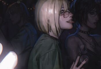 1girl 2boys alcohol alternate_universe armin_arlert artist_name black_choker black_hair black_nails blonde_hair bob_cut bottle choker commentary drinking english_commentary glasses goth_fashion green_shirt highres holding holding_bottle jean_kirstein jewelry mikasa_ackerman multiple_boys musapylsa necklace piercing rectangular_eyewear shingeki_no_kyojin shirt short_hair solo_focus spiked_choker spikes teeth tongue tongue_out tongue_piercing upper_teeth_only