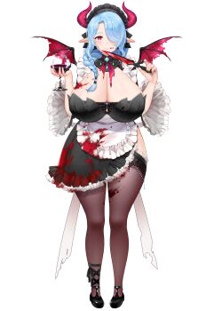1girl absurdres animal_ears apron black_dress black_nails black_shoes blood blood_on_breasts blood_on_clothes blood_on_face bloody_knife blue_hair braid breasts bright_pupils cleavage closed_mouth cow_ears cow_girl cow_horns cow_tail cream_cod cup dress drinking_glass frilled_apron frilled_dress frills hair_over_one_eye hair_over_shoulder hair_tubes highres holding holding_cup holding_knife horns huge_breasts indie_virtual_youtuber knife long_hair maid maid_headdress miilkywayz mole mole_on_breast mole_under_mouth official_alternate_eye_color official_art pink_eyes pink_horns shoes single_hair_tube smile solo tachi-e tail thighhighs transparent_background virtual_youtuber white_apron wings