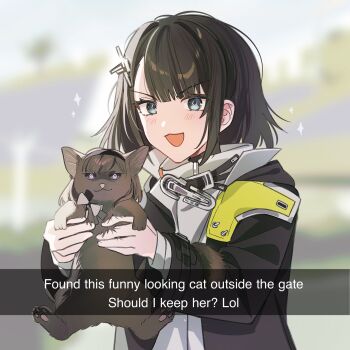 2girls absurdres animal animal_ears animalization arknights arknights:_endfield black_coat black_hair black_hairband blue_eyes blush brown_cat cat cat_ears coat commentary cumulussen diamond-shaped_pupils diamond_(shape) endministrator_(arknights) english_commentary english_text female_endministrator_(arknights) hair_ornament hairband highres holding holding_animal holding_cat long_sleeves looking_at_viewer multiple_girls open_clothes open_mouth priestess_(arknights) smile sweater symbol-shaped_pupils upper_body white_sweater