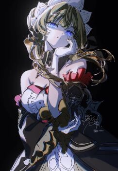 1girl bare_shoulders black_background blue_eyes breasts cleavage commentary_request detached_sleeves dress genshin_impact grey_hair hand_up head_tilt highres long_hair long_sleeves looking_at_viewer mkr_aknk714 sandrone_(genshin_impact) simple_background solo strapless strapless_dress upper_body