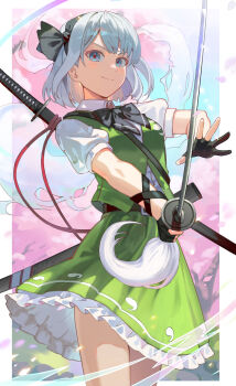 Rule 34 | 1girl, asuka shirou, black bow, black bowtie, black gloves, black hairband, bow, bow hairband, bowtie, cherry blossoms, commentary, frilled skirt, frills, gloves, green skirt, green vest, hairband, highres, hitodama, hitodama print, holding, holding sword, holding weapon, katana, konpaku youmu, konpaku youmu (ghost), looking at viewer, medium hair, partially fingerless gloves, print skirt, puffy short sleeves, puffy sleeves, sheath, sheathed, shirt, short sleeves, skirt, solo, sword, touhou, vest, weapon, white hair, white shirt