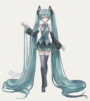 absurdly_long_hair aqua_eyes aqua_nails aqua_necktie aqua_trim arm_up black_skirt black_sleeves black_thighhighs boots collared_shirt commentary_request dated detached_sleeves double-parted_bangs fingernails full_body grey_hair hair_ornament hatsune_miku highres long_hair long_sleeves looking_at_viewer memory_mie nail_polish necktie number_tattoo parted_lips pleated_skirt shirt shoulder_tattoo signature skirt tattoo thigh_boots thighhighs twintails very_long_hair vocaloid walking