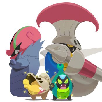 accelgor alternate_color armor back-to-back closed_eyes commentary crossed_arms english_commentary escavalier evolutionary_line fangs gen_5_pokemon highres karrablast lance nintendo no_humans open_mouth pokemon pokemon_(creature) pokemon_focus polearm shell shelmet shiny_pokemon simple_background sparkle weapon white_background yo_xeph