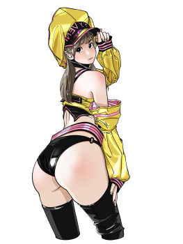 1girl absurdres adjusting_clothes adjusting_headwear ass black_eyes black_panties boots brown_hair commentary_request hand_on_own_thigh hat highres jacket o-ring panties sakamoto_giulietta simple_background thigh_boots underwear white_background