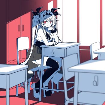 Rule 34 | 1girl, absurdres, arm rest, asymmetrical footwear, asymmetrical legwear, black corset, black ribbon, black skirt, black thighhighs, black wrist cuffs, bow, bowtie, breasts, cabinet, chair, chunzhenzhiren innocent, classroom, closed mouth, commentary request, corset, desk, elbow rest, frilled shirt, frills, hair between eyes, hair intakes, hair ribbon, hand on own face, hand up, headband, highres, lilith (the noexistencen of you and me), long hair, looking at viewer, medium breasts, mismatched footwear, mismatched legwear, mismatched wrist cuffs, no shoes, on chair, red background, red eyes, ribbon, school chair, school desk, shirt, shirt tucked in, shoes, sitting, skirt, smile, solo, the noexistencen of you and me, thighhighs, thighs, twintails, two-tone headband, very long hair, white bow, white bowtie, white hair, white shirt, white shoes, white thighhighs, white wrist cuffs, window, wrist cuffs