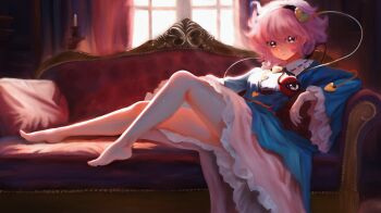 1girl backlighting bare_legs barefoot blouse blue_shirt blush breasts buttons candle couch curtains expressionless eyeball eyebrows_hidden_by_hair full_body hair_between_eyes hair_ornament hairband heart heart_button heart_hair_ornament indoors knee_up komeiji_satori long_sleeves looking_at_viewer medium_breasts messy_hair on_couch painterly parted_lips petticoat pink_eyes pink_hair pink_skirt reclining shirt short_hair skirt solo third_eye touhou wide_sleeves window xiirus