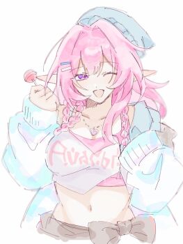 1girl 3zu_3zu ;o blue_hat breasts commentary crop_top cyrene_(honkai:_star_rail) cyrene_(ripples_of_past_reverie)_(honkai:_star_rail) denim diamond-shaped_pupils diamond_(shape) hat heart heart_necklace honkai:_star_rail honkai_(series) jeans jewelry large_breasts long_hair looking_at_viewer midriff navel necklace official_alternate_costume one_eye_closed pants pink_hair pointy_ears purple_eyes simple_background solo symbol-only_commentary symbol-shaped_pupils very_long_hair white_background