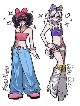 2girls alternate_costume bow character_doll character_name daisy_duck doll donald_duck full_body hair_bow humanization jewelry looking_at_viewer mickey_mouse_&amp;_friends midriff minnie_mouse multiple_girls open_mouth shirt short_hair smile strapless tube_top user_crzu3755 white_hair