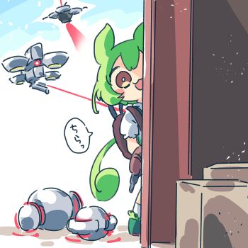 1girl :3 arc_raiders ayakashi_(monkeypanch) green_hair green_shorts green_suspenders highres pea_pod puffy_shorts robot short_hair shorts simple_background suspender_shorts suspenders voicevox white_background yellow_eyes zundamon