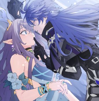 1boy 1girl ajpp6 antenna_hair bare_shoulders belt black_belt black_choker black_gloves black_jacket blue_background blue_dress blue_eyes blue_flower blue_hair bracelet breasts capelet choker clenched_hand commentary_request crossed_bangs dragon_girl dragon_horns dress earrings empty_eyes fingernails flins_(genshin_impact) flower genshin_impact gloves gold_bracelet gold_ring grey_capelet hair_between_eyes half-closed_eyes hand_up hands_up hetero highres horns index_finger_raised jacket jewelry lauma_(genshin_impact) leaf long_hair long_sleeves looking_at_another medium_breasts multiple_bracelets multiple_rings pointy_ears purple_hair ring simple_background sleeveless sleeveless_dress smile standing strapless strapless_dress teeth upper_body wavy_hair wide-eyed yellow_eyes