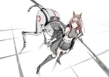 1girl animal_ears armored_boots bare_shoulders belt black_boots black_jacket black_shirt black_skirt boots breasts centaur chest_harness closed_mouth commentary_request crop_top exoskeleton extra_legs fake_animal_ears from_above full_body gloves grey_gloves hair_between_eyes harness highres holding holding_polearm holding_weapon horse_ears huge_weapon jacket kamino_kyouki long_hair looking_at_viewer mecha_musume mechanical_tail midriff navel off_shoulder open_clothes open_jacket original polearm red_eyes red_hair shadow shirt skirt sleeveless sleeveless_shirt small_breasts solo standing tail taur taur_exoskeleton weapon white_belt