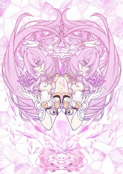 1girl absurdres breasts chinese_commentary commentary_request corset crystal_flower crystal_shards diamond-shaped_pupils diamond_(shape) elysia_(herrscher_of_human:_ego)_(honkai_impact) elysia_(honkai_impact) gloves hair_ornament highres honkai_(series) honkai_impact_3rd long_hair medium_breasts multicolored_hair multiple_views pink_hair purple_eyes rugu590401 smile symbol-shaped_pupils triquetra two-tone_hair very_long_hair white_corset white_gloves white_hair