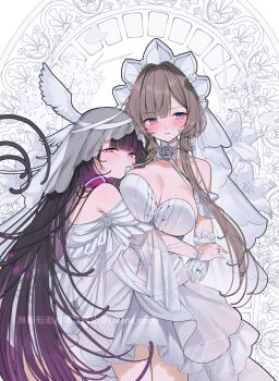 2girls absurdres arm_around_another's_waist bare_shoulders black_hair blue_eyes blush bonnet breast_rest breasts bridal_veil bride brown_hair cleavage closed_mouth columbina_(genshin_impact) commentary_request detached_collar detached_sleeves dress flower genshin_impact gloves head_wings highres jewelry large_breasts lily_(flower) long_hair long_sidelocks looking_at_viewer mouth_hold multicolored_hair multiple_girls purple_eyes purple_hair ribbon ribbon_in_mouth ring sandrone_(genshin_impact) short_hair_with_long_locks sidelocks smile strapless strapless_dress streaked_hair takeno_omoti two-tone_hair veil very_long_hair wedding_dress wedding_ring white_dress white_flower white_gloves white_headdress white_wings wife_and_wife wings yuri