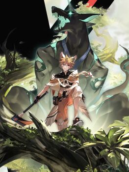 animal_ears axe bag big_johnny_(to_be_hero_x) branch cat_ears crop_top face_print fangs fingerless_gloves gloves glowing glowing_eye green_eyes highres holding holding_axe horns kaiju knee_up little_johnny_(to_be_hero_x) orange_hair orange_pants pants promotional_art roaring satchel sd2190392804 to_be_hero_x