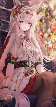 1girl absurdres animal_ears black_pantyhose blue_eyes blush bow cape christmas commentary_request dress flower fur_trim gloves green_bow green_ribbon grey_hair hair_between_eyes hair_flower hair_ornament hair_ribbon highres horse_ears horse_girl horse_tail jacket long_hair looking_at_viewer multicolored_bow multicolored_ribbon oguri_cap_(miraculous_white_star)_(umamusume) oguri_cap_(umamusume) pantyhose parted_lips red_bow red_cape red_flower red_ribbon ribbon smile solo tail tetora_(oudonoishiize) umamusume white_dress white_gloves white_jacket