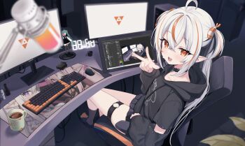 1girl :d absurdres ahoge arm_rest black_choker black_hoodie black_skirt black_sleeves black_socks blurry blurry_foreground brown_eyes chair choker coffee_mug collarbone computer_keyboard crossed_bangs cup eyelashes figure from_side hair_between_eyes hair_ornament hand_up highres hood hood_down hoodie indoors knees_together_feet_apart light_blush long_hair long_sleeves looking_at_viewer looking_to_the_side miniskirt monitor mousepad_(object) mug multicolored_hair multiple_monitors o-ring o-ring_thigh_strap okiq on_chair open_mouth orange_streaks original pointy_ears print_hoodie recursion sharp_teeth sidelocks sitting skindentation skirt slippers smile socks solo streaked_hair table tablet_pc teeth thigh_strap two-tone_hair two_side_up upper_teeth_only v white_hair