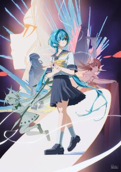 6+girls absurdres black_sailor_collar black_shoes black_skirt blue_eyes blue_hair commentary_request double-parted_bangs dress flower hair_between_eyes hair_flower hair_ornament hairclip highres holding holding_weapon korean_commentary loafers long_bangs long_hair looking_to_the_side mixed-language_commentary multiple_girls neckerchief original parted_lips pleated_skirt poster_(medium) sailor_collar school_uniform sena_8ito serafuku serious shirt shoes short_sleeves skirt sleeveless sleeveless_dress socks spiked_hair twintails very_long_hair walking weapon white_shirt white_socks yellow_neckerchief