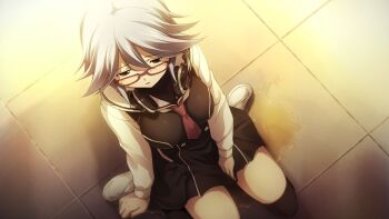 1girl between_breasts black_dress black_thighhighs blue_hair blurry blurry_background breasts buttons chaos;child chest_bow colored_eyelashes crying crying_with_eyes_open double-breasted dress dress_shirt floor_tiles from_above game_cg glasses hair_between_eyes headphones headphones_around_neck hekiho_academy hekiho_academy_school_uniform high_collar highres kazuki_hana large_breasts loafers long_sleeves looking_to_the_side miniskirt necktie necktie_between_breasts non-web_source official_art open_mouth pee pee_puddle peeing peeing_self public_indecency purple_eyes red-framed_eyewear red_necktie sad sailor_collar sasaki_mutsumi school_uniform science_adventure shadow shirt shoes short_hair sidelocks sitting skirt tears thighhighs wariza white_sleeves