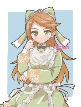 1girl black_bow black_bowtie bow bowtie etie_(fire_emblem) fire_emblem fire_emblem_engage green_bow green_eyes green_skirt hair_bow long_hair long_sleeves looking_at_viewer nintendo orange_hair papi_ike skirt solo swept_bangs tiara