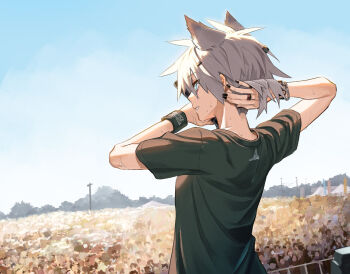 1girl ambience_synesthesia animal_ears arknights audience black_nails black_shirt blue_eyes blue_sky blurry blurry_background bracelet chain clear_sky commentary_request day depth_of_field dutch_angle exhausted extra_ears fingernails from_side grey_hair grin hair_between_eyes hair_ornament hairclip hand_in_own_hair hands_up holding holding_microphone horizon jewelry kuroda_(nanchara_flight) lappland_(ambience_synesthesia)_(arknights) lappland_(arknights) looking_afar looking_ahead messy_hair microphone multiple_bracelets multiple_rings nail_polish official_alternate_costume outdoors parted_lips people print_wristband profile ring shadow shirt short_hair short_sleeves sky smile solo_focus stage standing sunlight sweat t-shirt teeth text_print tree upper_body wolf_ears wolf_girl wristband