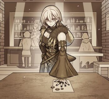 1girl bar_(place) black_nails bottle breasts chest_harness claws cleavage coin detached_sleeves diabellstar_the_black_witch duel_monster hair_between_eyes harness hucydin jewelry looking_at_viewer paper perspective ring strap white_hair wide_sleeves wine_bottle yu-gi-oh! yu-gi-oh!_master_duel