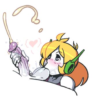 !? 1girl blonde_hair blush cum curly_brace doukutsu_monogatari ejaculation fellatio handjob large_testicles lowres noill oral penis projectile_cum robot_ears simple_background sleeveless sleeveless_turtleneck solo_focus testicle_sucking testicles turtleneck uncensored white_background