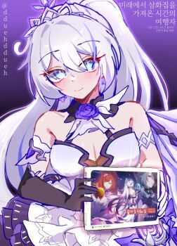 Rule 34 | 1girl, bare shoulders, black gloves, blue eyes, book, breasts, cleavage, commentary request, dduehddueh, dress, earrings, elbow gloves, gloves, high ponytail, highres, holding, holding book, honkai (series), honkai impact 3rd, jewelry, kiana kaslana, kiana kaslana (herrscher of finality), kiana kaslana (herrscher of flamescion), kiana kaslana (time runner), korean commentary, korean text, large breasts, looking at viewer, official alternate costume, official art inset, ponytail, purple background, senadina, senadina (cocoon of unwoven), solo, twitter username, vita (honkai impact), vita (lone planetfarer) (honkai impact), white dress