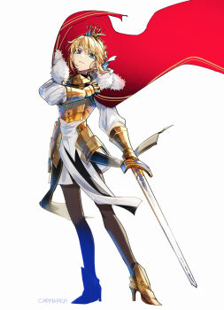 Rule 34 | 1girl, ahoge, armor, artoria pendragon (fate), blonde hair, braid, breastplate, cape, carimarica, cloak, commentary request, crown, excalibur (fate/stay night), fate/grand order, fate (series), fur-trimmed cape, fur-trimmed cloak, fur trim, gold armor, green eyes, highres, looking at viewer, lord logres (fate), red cloak, solo, sword, weapon