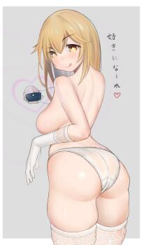 1girl :q absurdres ass blonde_hair border breasts commentary controller elbow_gloves from_behind gatchan gloves grey_background hair_between_eyes heart highres holding holding_remote_control large_breasts long_hair looking_at_viewer looking_back outside_border panties remote_control shokuhou_misaki sideboob skindentation solo sparkling_eyes spider_web_print thighhighs toaru_kagaku_no_mental_out toaru_kagaku_no_railgun toaru_majutsu_no_index tongue tongue_out topless_female translation_request underwear white_border white_gloves white_panties white_thighhighs yellow_eyes
