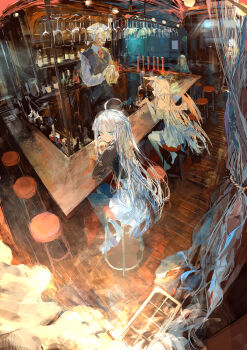 Rule 34 | 1boy, 3girls, absurdres, ahoge, alcohol, angel wings, bar (place), bar stool, bartender, black sweater, black vest, blue eyes, bottle, cleaning, cleaning rag, collared shirt, commentary, cup, dress, drinking glass, dutch angle, english commentary, facial hair, from above, grey hair, halo, head wings, high-waist skirt, highres, ichika (ichika87), indoors, long hair, long sleeves, looking at viewer, multiple girls, mustache, necktie, off-shoulder dress, off shoulder, old, old man, original, red necktie, scenery, shirt, short hair, sitting, skirt, stool, sweater, very long hair, vest, white dress, white hair, white shirt, white skirt, wine bottle, wine glass, wings