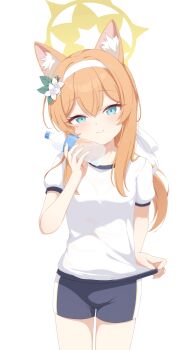 1girl absurdres animal_ears blue_archive blue_eyes blue_shorts bottle cat_ears cat_girl closed_mouth commentary flower hair_between_eyes hair_flower hair_ornament hairband halo hello-ghiblisan highres holding holding_bottle long_hair looking_at_viewer low_ponytail mari_(blue_archive) mari_(track)_(blue_archive) official_alternate_costume official_alternate_hairstyle orange_hair ponytail shirt short_hair short_shorts shorts smile solo t-shirt water_bottle white_flower white_hairband white_shirt yellow_halo