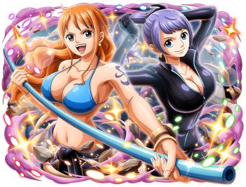 2girls armpits bikini black_bodysuit blue_bikini blue_eyes bodysuit bracelet breasts brown_eyes carina_(one_piece) cleavage clima-tact collarbone highres holding holding_staff jewelry large_breasts log_pose long_hair looking_at_viewer multiple_girls nami_(one_piece) navel official_art one_piece one_piece_film:_gold one_piece_treasure_cruise open_mouth orange_hair ponytail purple_hair shoulder_tattoo smile staff swimsuit tattoo transparent_background zipper
