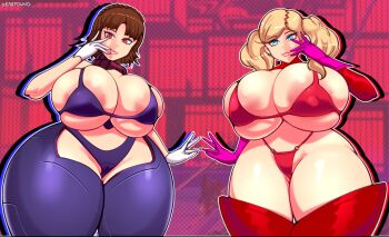 2girls absurdres alternate_breast_size_(larger) areola_slip blonde_hair blue_eyes breasts cleavage curvy earrings female_focus gloves highres huge_breasts jewelry karfound long_hair looking_at_viewer multiple_girls niijima_makoto persona persona_5 red_eyes short_hair skindentation takamaki_anne thick_thighs thighhighs thighs twintails wide_hips