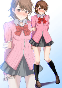 1girl arms_between_legs black_skirt black_socks blush bow bowtie breasts brown_eyes brown_hair brown_shoes cardigan choker collared_shirt commentary_request earrings eyelashes flipped_hair full_body gekkoukan_high_school_uniform glint hand_on_own_arm highres jewelry kneehighs long_sleeves looking_at_viewer loose_bowtie miniskirt mori_heichi parted_lips persona persona_3 pink_cardigan pleated_skirt red_bow red_bowtie ribbed_cardigan school_uniform shirt shoes short_hair signature skirt socks solo standing stud_earrings takeba_yukari white_choker white_shirt