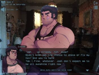 1boy bara beard_stubble black_hair blush breasts character_name city dialogue_box english_text facial_hair fake_screenshot indoors jacket long_sleeves looking_at_viewer lucas_lee male_focus muscular muscular_male non-web_source open_clothes open_jacket pants scott_pilgrim_(series) scott_pilgrim_takes_off shirt short_hair solo stubble user_interface visual_novel