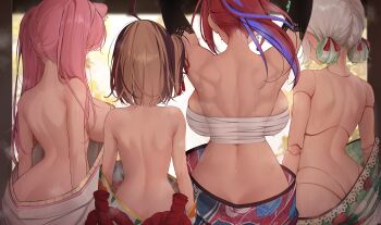 4girls absurdres animal_ears arms_up ass back back_focus backboob black_gloves black_hair blue_hair blurry blurry_background breasts brown_hair butt_crack cecilia_immergreen cecilia_immergreen_(new_year) colored_inner_hair commentary doll_joints dripping earrings elbow_gloves elizabeth_rose_bloodflame elizabeth_rose_bloodflame_(new_year) english_commentary floral_print floral_print_kimono from_behind gigi_murin gigi_murin_(new_year) gloves green_hair green_kimono grey_hair hair_ornament hair_ribbon hair_rings highres holojustice hololive hololive_english japanese_clothes jewelry joints kanzashi kimono kimono_partially_removed large_breasts long_hair median_furrow medium_breasts multicolored_hair multiple_girls no_tail official_alternate_costume official_alternate_hair_length official_alternate_hairstyle one_side_up panther_ears panther_girl partially_undressed pink_hair pink_ribbon prab print_kimono raora_panthera raora_panthera_(new_year) red_hair ribbon rope sarashi shimenawa short_hair single_earring steam steaming_body streaked_hair sweat tassel tassel_earrings toned toned_female topless_female trapezius twintails two-tone_hair tying_hair very_sweaty virtual_youtuber white_kimono